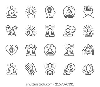 Yoga meditation line icons. Body balance, person relax and energy meditation set. Mind harmony, health meditate and self concentrate line icons. Listen relax sound, yoga mind therapy. Vector - Shutterstock ID 2157070331
