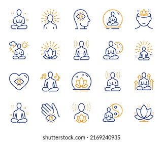 Yoga meditation line icons. Body balance, person relax and energy meditation set. Mind harmony, health meditate and self concentrate line icons. Listen relax sound, yoga mind therapy. Vector - Shutterstock ID 2169240935