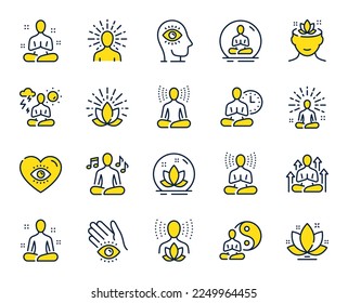 Iconos de la línea de meditación del yoga. Equilibrio corporal, relajación personal y conjunto de meditación energética. Concordancia mental, salud medita y autoconcentrar iconos de línea. Escucha relajación, terapia mental de yoga. Vector