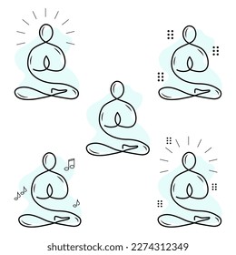 Yoga meditation line icons. Body balance, person relax and energy meditation set. Mind harmony, health meditate and self concentrate line icons. Listen relax sound, yoga mind therapy. Vector