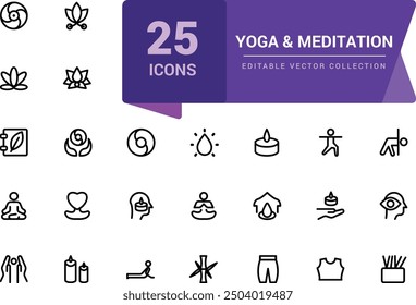 Yoga and meditation line icons. Body balance, person relax and energy meditation set. Pixel perfect, minimalistic web and UI icon. Outline icon collections.