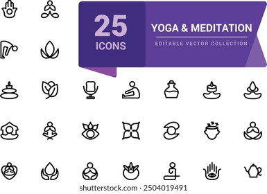 Yoga and meditation line icons. Body balance, person relax and energy meditation set. Pixel perfect, minimalistic web and UI icon. Outline icon collections.