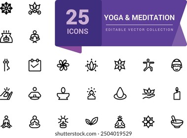 Yoga and meditation line icons. Body balance, person relax and energy meditation set. Pixel perfect, minimalistic web and UI icon. Outline icon collections.