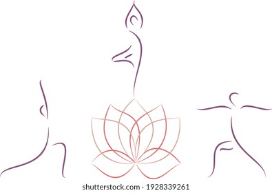 Yoga and meditation logo. Elegant vector illustration of a lotus flower and yoga poses, emblem design, minimalistic yoga logotype in trendy line art, overlapping technique.