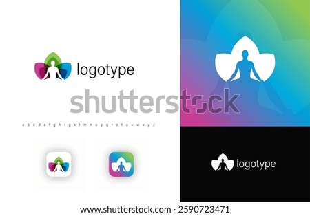 Yoga meditation logo featuring human silhouette in lotus pose, symbolizing balance, mindfulness, and harmony. Perfect for wellness, spa, holistic health, and self-care branding. Vector illustration