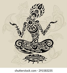 Yoga. Meditation lotus pose. Hand Drawn Illustration. Polynesian style tattoo.