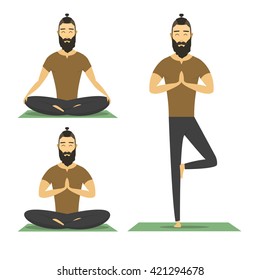 Yoga meditation man with beard isolated on white background. cartoon meditation yoga character, vector yoga flat design. meditation pose illustration. hipster male yoga meditation. 