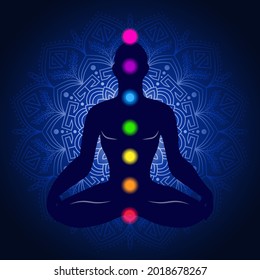 yoga meditation, man meditating in pose of lotus, chakras, astral and metaphysical states vector illustration 