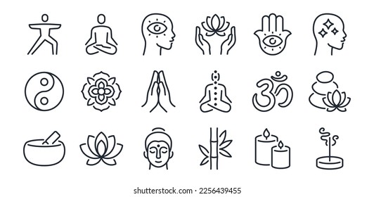 Yoga, meditation, and mind relax editable stroke outline icon isolated on white background flat vector illustration. Pixel perfect. 64 x 64.