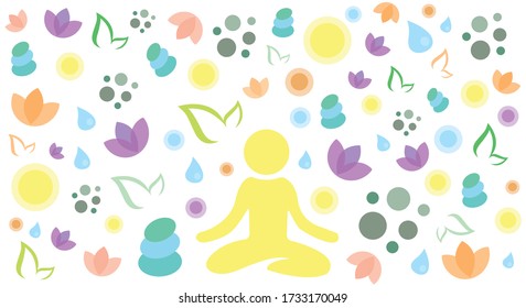 yoga meditation mind relaxation positive energy self care chakra zen spirituality icons set texture pattern background