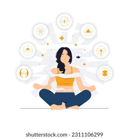 Yoga meditation, mindfulness, relaxation and inner peace. Serene calm woman enjoying meditation in nature while her eyes closed, breathing exercises with hands in zen gesture concept illustration