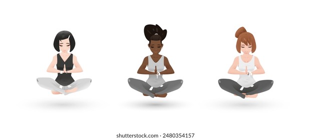 Momento de meditación de yoga. Tres personajes de dibujos animados de mujeres diseño en vuelo. Silencio envolvente 