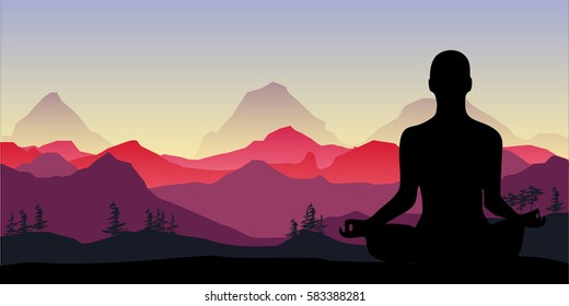 Yoga, meditation in the mountains. Relax concentration Vector illustration.