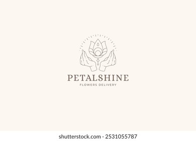 Yoga meditation namaste hands with lotus line art logo design template vector illustration. Sacred arms with zen flower linear logotype for florist gardening spa relax wellness spiritual studio