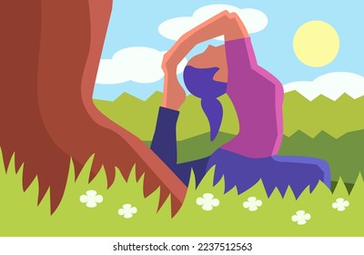 Yoga meditation in nature. A girl doing yoga in nature concept drawing.