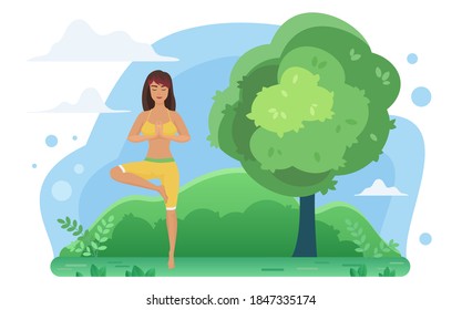 Yoga meditation in nature vector illustration. Cartoon active yogist woman character doing vrikshasana tree position, meditating in yoga asana, healthy activity in natural landscape isolated on white