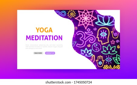 Yoga Meditation Neon Landing Page. Vector Illustration of Sport Promotion.