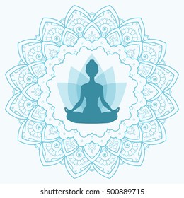 Yoga. Meditation On Mandala Background.