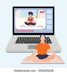 Yoga meditation online,  sport training, fitness pose. Illustration lesson yoga, asana body, sport training, fitness pose position vector