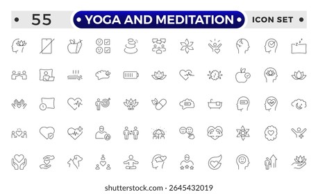Yoga and meditation Outline icon set. Wellness icon set. Containing massage, yoga, spa, relaxation, health, exercise, diet, wellbeing, meditation, aromatherapy and more.
