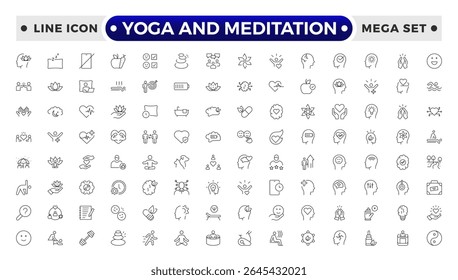 Yoga and meditation Outline icon set. Wellness icon set. Containing massage, yoga, spa, relaxation, health, exercise, diet, wellbeing, meditation, aromatherapy and more.
