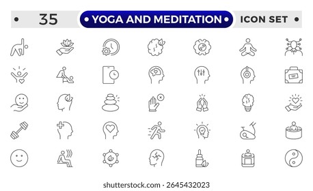Yoga and meditation Outline icon set. Wellness icon set. Containing massage, yoga, spa, relaxation, health, exercise, diet, wellbeing, meditation, aromatherapy and more.
