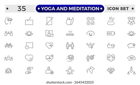 Yoga and meditation Outline icon set. Wellness icon set. Containing massage, yoga, spa, relaxation, health, exercise, diet, wellbeing, meditation, aromatherapy and more.
