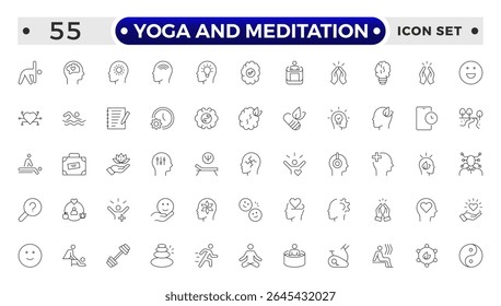 Yoga and meditation Outline icon set. Wellness icon set. Containing massage, yoga, spa, relaxation, health, exercise, diet, wellbeing, meditation, aromatherapy and more.
