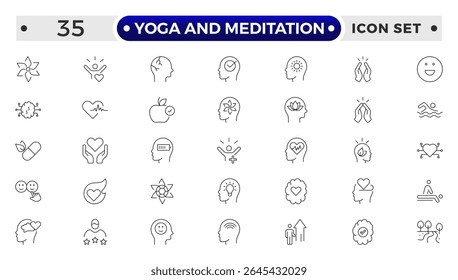 Yoga and meditation Outline icon set. Wellness icon set. Containing massage, yoga, spa, relaxation, health, exercise, diet, wellbeing, meditation, aromatherapy and more.

