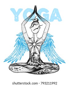 Yoga meditation pose. Graphic vector hand drawn illustration. Double exposure style.
