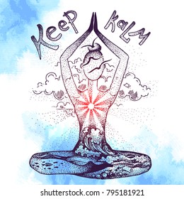 Yoga meditation pose. Graphic vector hand drawn illustration. Double exposure style.