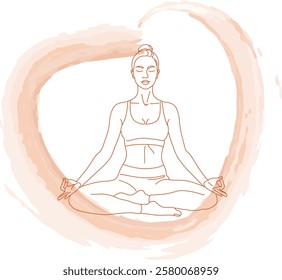 Yoga Meditation Pose Line Art with Orange Watercolor Accent