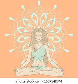 Yoga meditation pose lotus, yogin girl on mandala background, orange, mint colors vector illustration