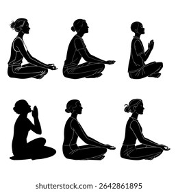 Yoga Meditation Pose Silhouettes of Women Sitting in Lotus Position – Vector Illustration"
