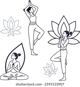 Yoga and meditation poses in minimal line art style