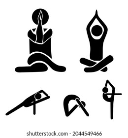 Yoga Meditation Poses in Simple Flat Design. Stick Figure Pictogram Icon. Vector Illustration