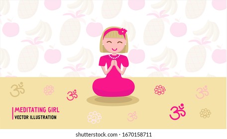 Yoga and meditation practice at home by a beautiful Caucasian little girl in a pink dress.