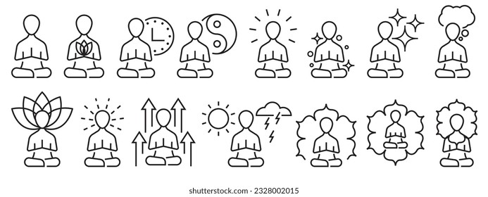 Yoga meditation practice icon set collection in black and white. Ancient exercise for spiritual calmness and peace for mind, body in sitting position. Men or human with flower behind brain web app ui.