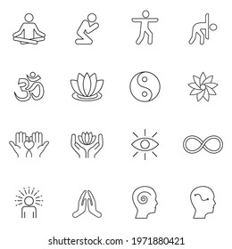 Yoga and Meditation Practice Vector Line Icons Set. Relaxation, Inner Concentration, Inner Peace. Outline symbol collection. Web Design, Mobile App. Eps10