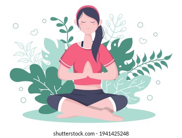 Yoga or Meditation Practices Aim for Health Benefits of the Body to Control Thoughts, Emotions, Inception and Searching for Ideas. Flat Design Vector Illustration