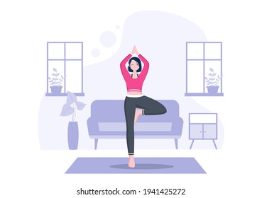 Yoga or Meditation Practices Aim for Health Benefits of the Body to Control Thoughts, Emotions, Inception and Searching for Ideas. Flat Design Vector Illustration