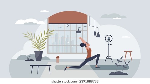 Yoga meditation practices online and stretching exercises tiny person concept. Distant activity streaming with fitness training video vector illustration. Body health lesson using digital course.