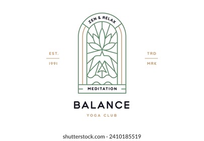 Yoga Meditation Relax Club Label. Minimalist line art logo template. Simple modern design line graphic yoga meditation relax club badge. Symbol line icon yoga meditation sign. Vector Illustration