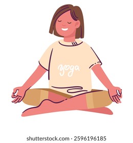 Yoga meditation and relax in lotus yoga pose of cartoon woman. Funny girl sitting to meditate and practice tranquil asana. Harmony, wellbeing mascot, cartoon calm yoga meditation vector illustration