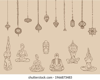 Yoga Meditation relaxation pose. Zen silhouette.Relax spiritual lotus.Pose of wellness.Decoration lamp boho.buddha vector statue.oriental art. Zen garden flat design. hand drawn shape.Nature optimism
