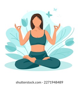 Yoga, meditation, relaxation, rest, healthy lifestyle,  zen, harmony concept. Vector illustration in flat cartoon style