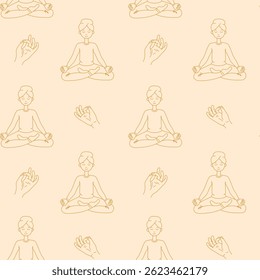 Yoga Meditation Seamless Pattern. Beige Lotus Pose and Finger Mudra Gesture Background. Repeat vector illustration with golden lines.