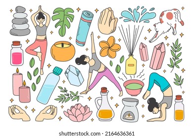 Yoga and meditation set. Doodle icons for yoga training with sport equipment tools, fitness woman, relaxation, healthy lifestyle and wellness elements. Vector illustration