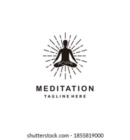 Yoga meditation silhouette in meditating pose with scroll and sunburst on white background logo design studio vector