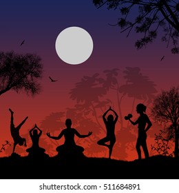 Yoga meditation silhouettes at beautiful sunset, vector background